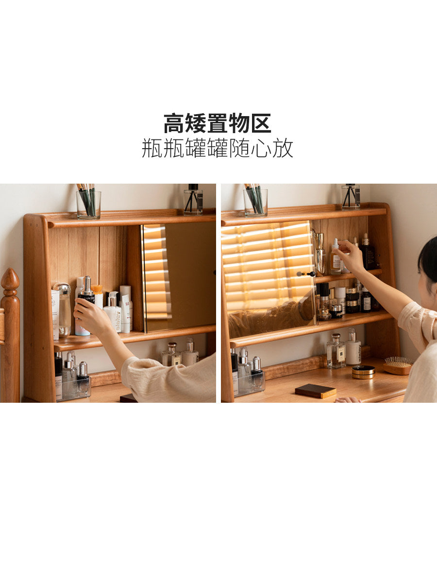 Solid wood makeup vanity for small bedrooms, compact vintage cherry wood multifunctional storage dressing table